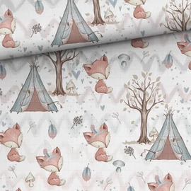 Prémium mintás bambusz pelenka,muszlin anyag, Erdei barátok, rókák 1,45 x 0,50 m