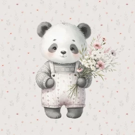 Futter, szabadidő anyag panel 40x50 cm, Cuki panda virágcsokorral