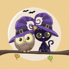 Prémium Futter, szabadidő anyag panel 40x50 cm, Halloween bagoly és macska