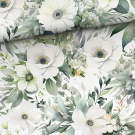 Prémium mintás pamutvászon, Fehér kökörcsin