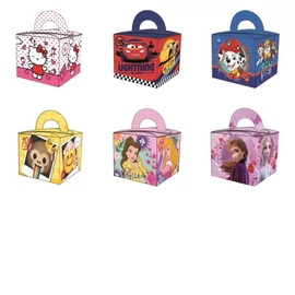 Szülinapi ajándék doboz 6,5x6,5x5,6cm 6 minta 48db/csomag (Hello Kitty/Cars/Paw Patrol/Monkey/Princess/Frozen)