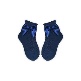 100% pamut kislány baba bokazokni horgolt felsőrésszel - masni díszítéssel - sötétkék - 20-21