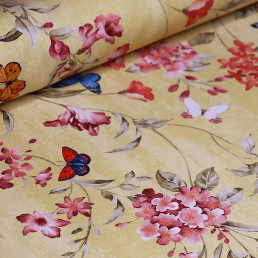 Dekortextil, virág és pillangó sárga