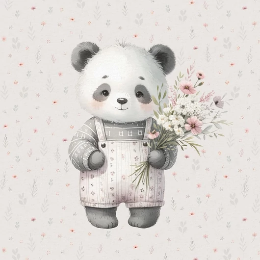 Futter, szabadidő anyag panel 40x50 cm, Cuki panda virágcsokorral
