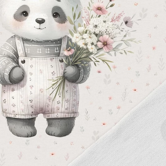 Futter, szabadidő anyag panel 40x50 cm, Cuki panda virágcsokorral