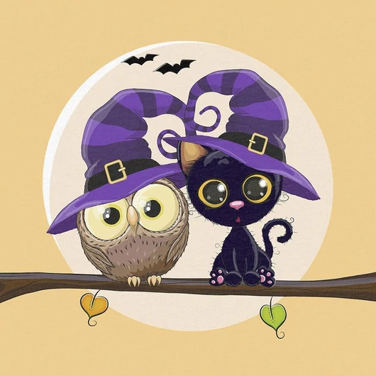 Prémium Futter, szabadidő anyag panel 40x50 cm, Halloween bagoly és macska