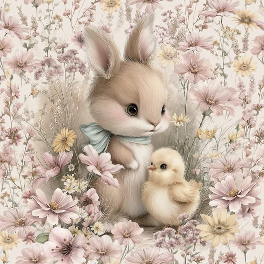 Prémium Futter, szabadidő anyag panel 40x50 cm, Nyuszi és csibe a tavaszi réten