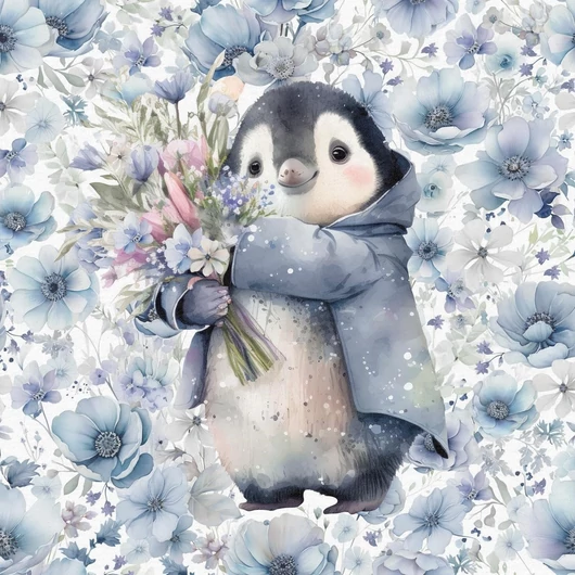 Prémium Futter, szabadidő anyag panel 40x50 cm, Pingvin kék virágok között