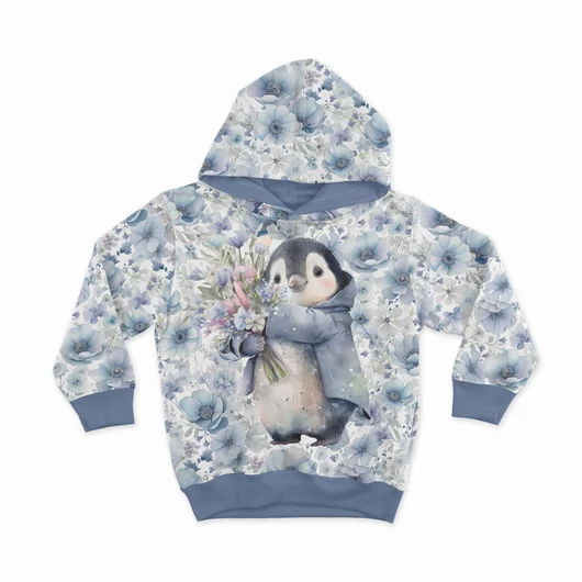 Prémium Futter, szabadidő anyag panel 40x50 cm, Pingvin kék virágok között