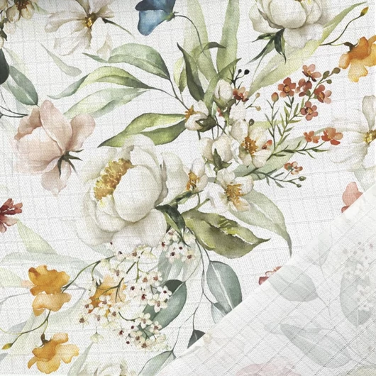 Prémium mintás bambusz pelenka, muszlin anyag, Fehér virágcsokor