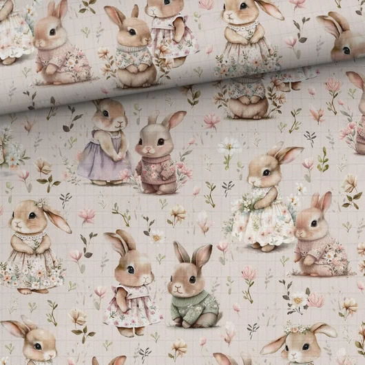 Prémium mintás bambusz pelenka anyag, Nyuszik a virágzó réten