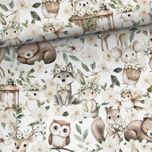 Prémium mintás pamutvászon, Állatok a virágligetben