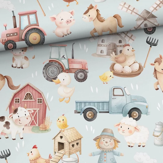 Prémium mintás pamutvászon, Boldog farm, kék