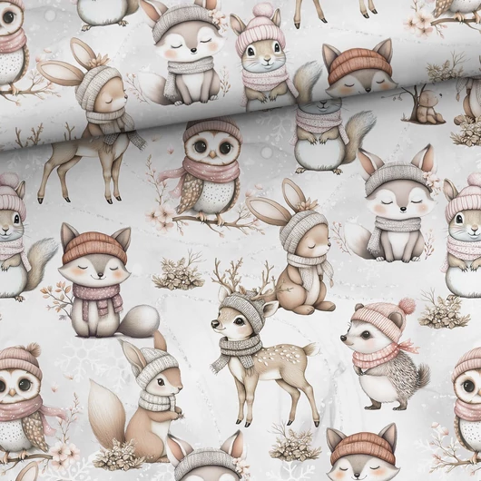 Prémium mintás pamutvászon, Cuki állatok a hófödte mezőn