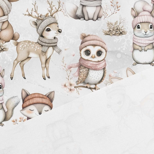 Prémium mintás pamutvászon, Cuki állatok a hófödte mezőn