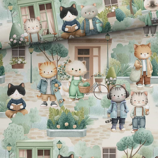 Prémium mintás pamutvászon, Macskák a városban