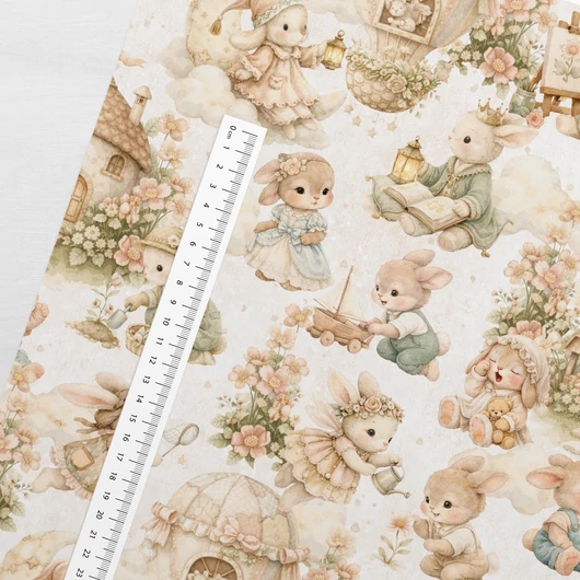 Prémium mintás pamutvászon, Nyuszik a kertben