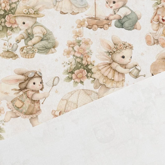 Prémium mintás pamutvászon, Nyuszik a kertben