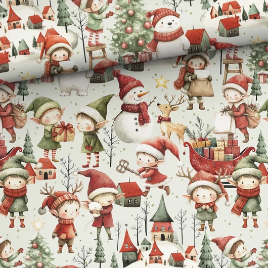 Prémium mintás pamutvászon, Szorgos Elf manók