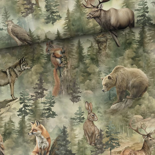 Prémium mintás pamutvászon, A titokzatos erdő állatai