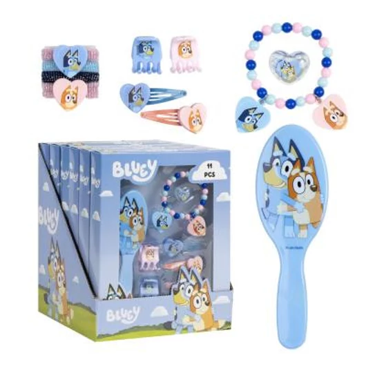 Bluey 4 részes szépségápolási készlet (hajgumi+hajcsat+karkötő+hajkefe)