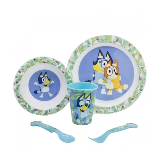 Bluey 5 részes mikrózható étkészlet (lapos tányér|mély tányér|villa|kanál|pohár)