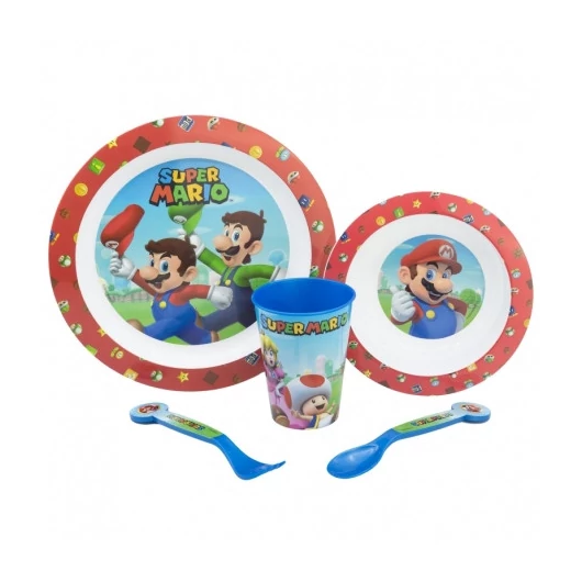 Super Mario 5 részes mikrózható étkészlet (lapos tányér|mély tányér|villa|kanál|pohár)