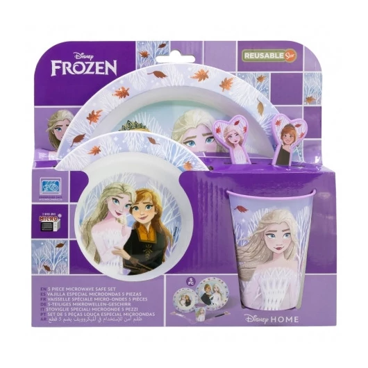 Jégvarázs (Frozen) 5 részes mikrózható étkészlet (lapos tányér|mély tányér|villa|kanál|pohár)