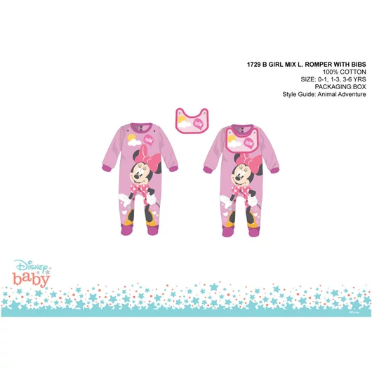 Disney Minnie egér baba rugdalózó előkével - világosrózsaszín-lila - 1-3 hónapos babának