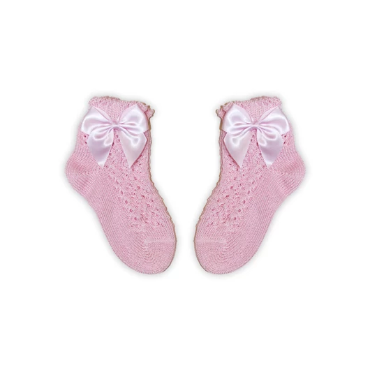 100% pamut kislány baba bokazokni horgolt felsőrésszel - masni díszítéssel - rózsaszín - 16-17
