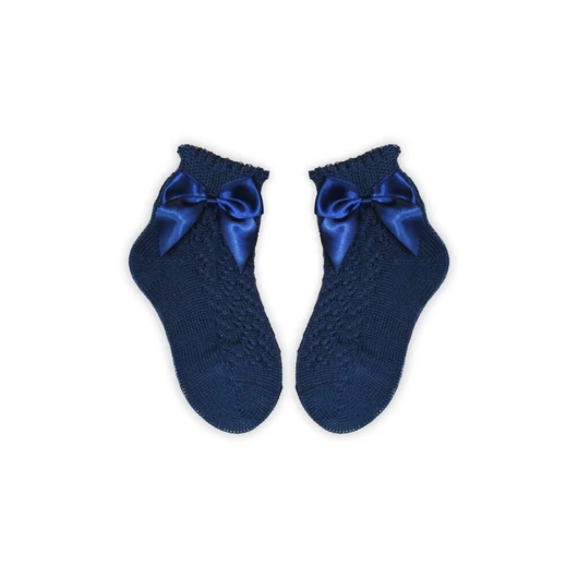 100% pamut kislány baba bokazokni horgolt felsőrésszel - masni díszítéssel - sötétkék - 18-19