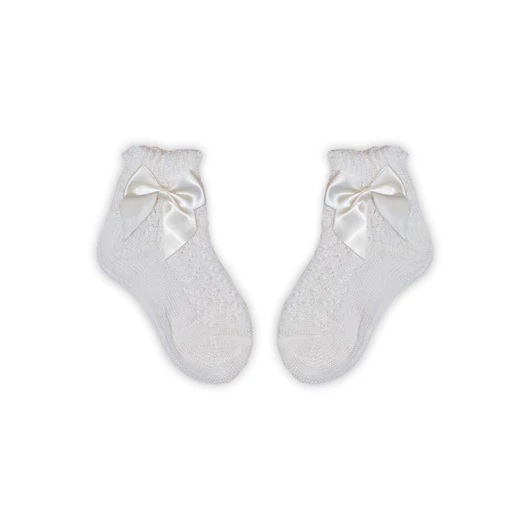 100% pamut kislány baba bokazokni horgolt felsőrésszel - masni díszítéssel - vanília - 14-15