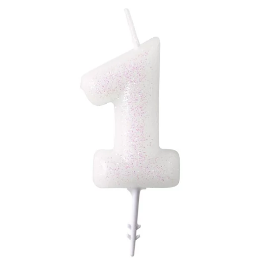 Fehér White csillámos gyertya 1-es 6,5 cm