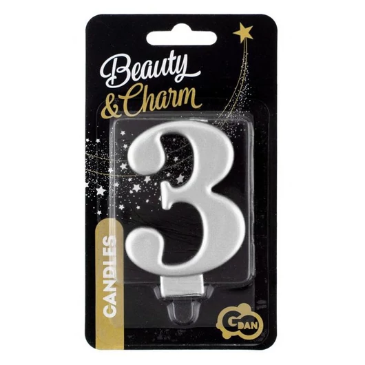 Ezüst 3-as Metallic számgyertya, tortagyertya