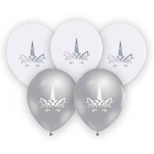 Unikornis Silver léggömb, lufi 5 db-os 12 inch (30cm)