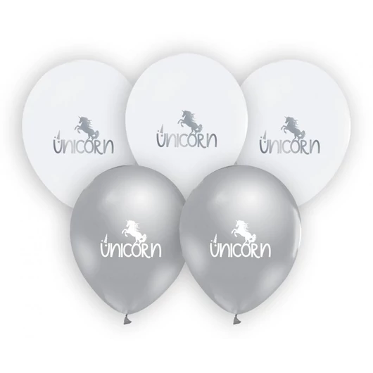 Unikornis Silver léggömb, lufi 5 db-os 12 inch (30cm)