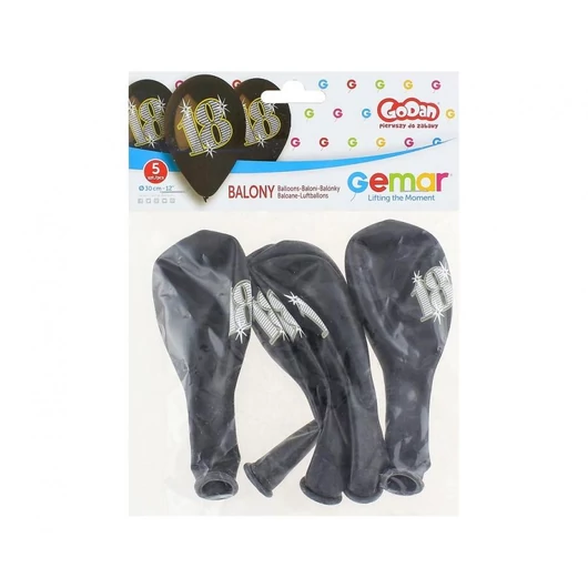 Happy Birthday 18 Black léggömb, lufi 5 db-os 12 inch (30 cm)