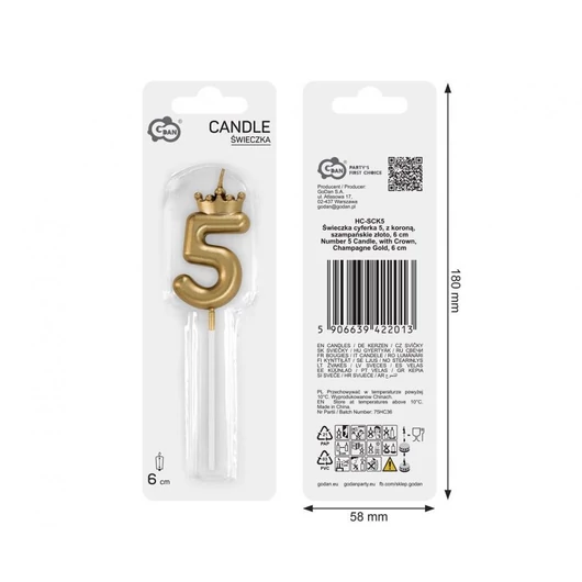 Arany Champagne Crown 5-ös számgyertya, tortagyertya 6 cm