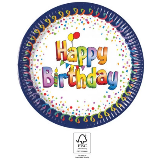 Happy Birthday Multicolor papírtányér 8 db-os 23 cm FSC