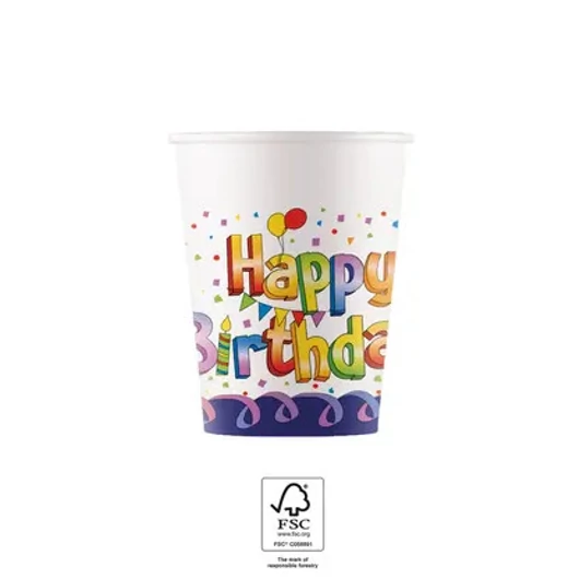 Happy Birthday Multicolor papír pohár 8 db-os 200 ml FSC
