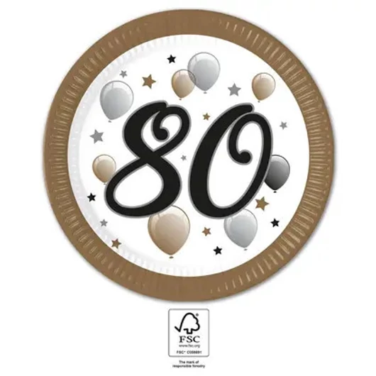 Happy Birthday 80 Milestone papírtányér 8 db-os 23 cm FSC