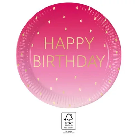 Happy Birthday Golden Pink papírtányér 8 db-os 23 cm FSC
