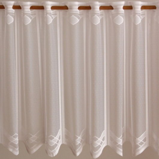 Fényáteresztő fehér vitrázs függöny,  geometrikus mintával 90 cm