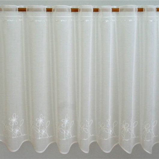 Fehér fényáteresztő vitrázs függöny vonalas virágos díszítéssel 45 cm