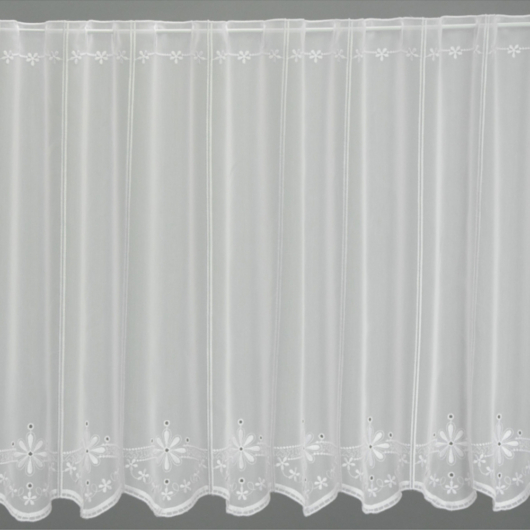 Fehér fényáteresztő vitrázs függöny fehér virágos díszítéssel 90 cm