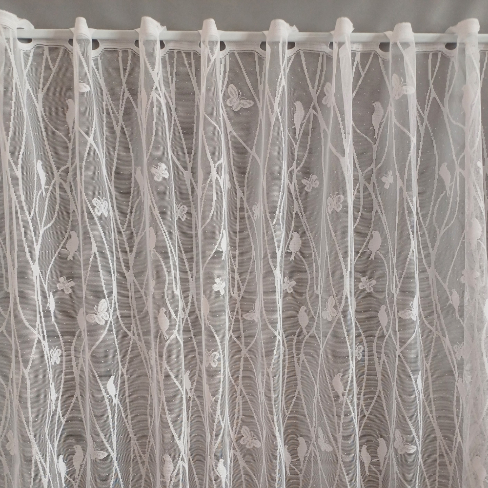 Fényáteresztő vitrázs függöny fehér, pillangó és kismadár díszítéssel 60cm