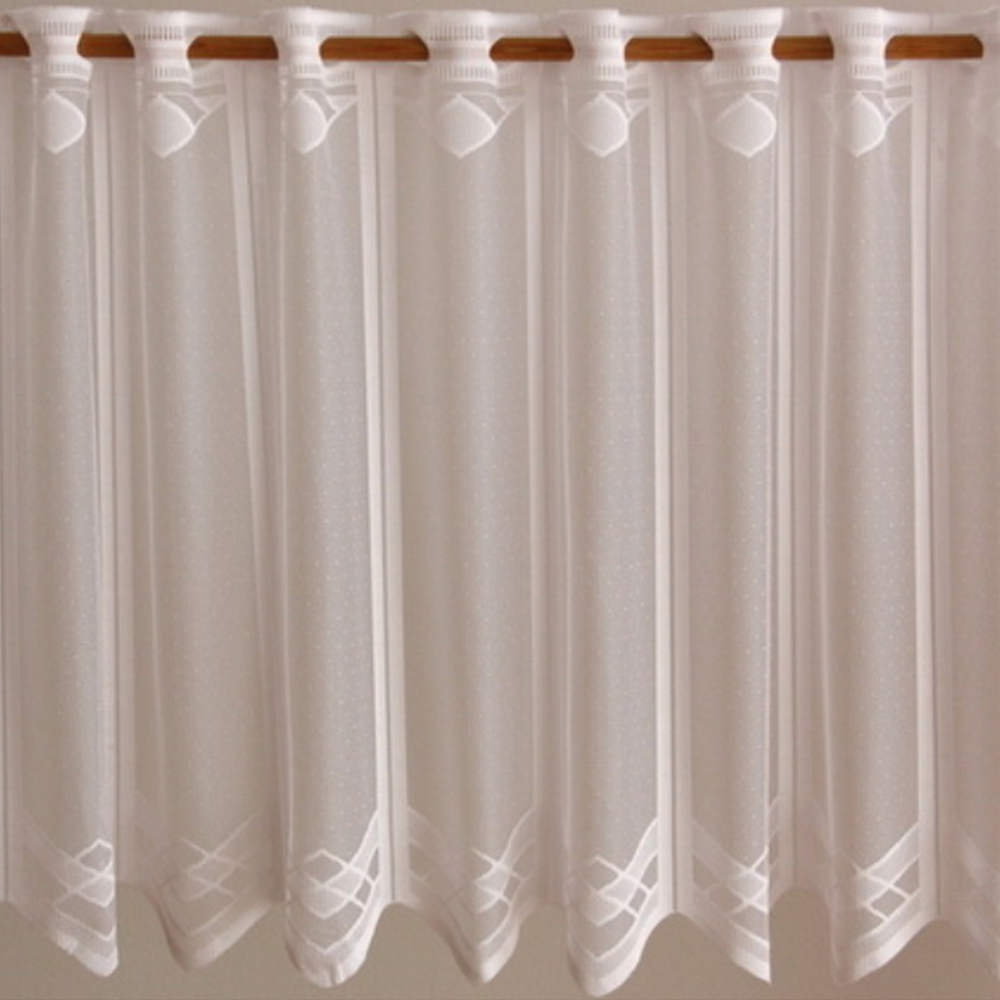 Fényáteresztő fehér vitrázs függöny,  geometrikus mintával 90 cm