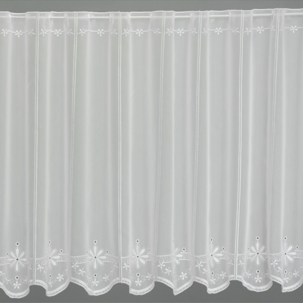 Fehér fényáteresztő vitrázs függöny fehér virágos díszítéssel 90 cm